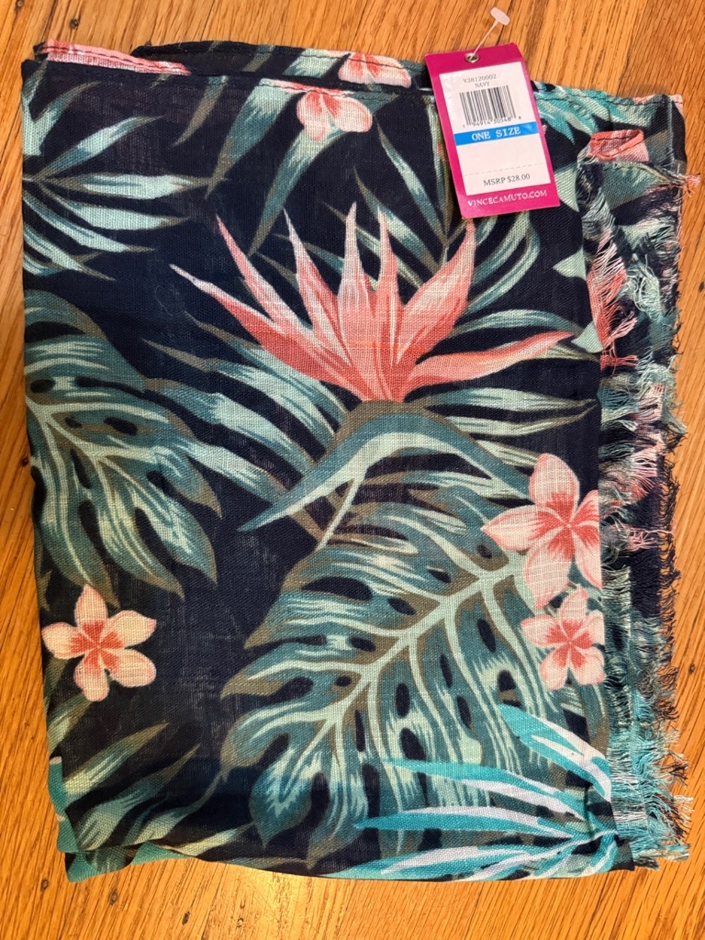 Vince Camuto Navy Tropical Fringe Scarf with Teal & Coral